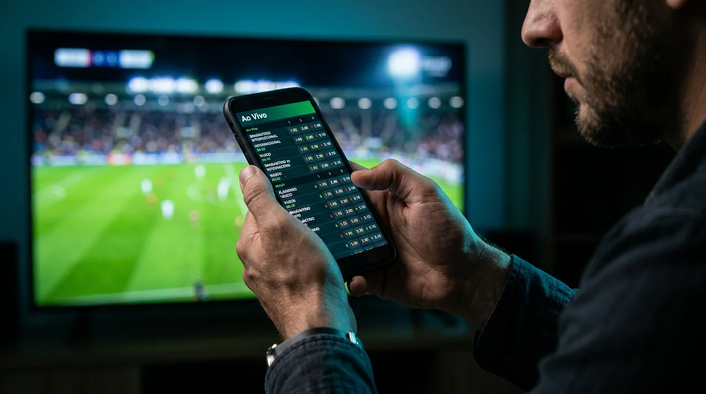 Adepto a acompanhar jogo de futebol em tempo real no smartphone com apostas ao vivo abertas