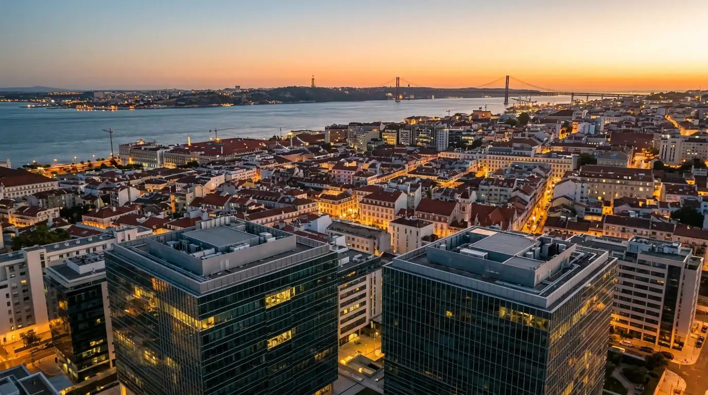 Vista aérea de Lisboa ao entardecer simbolizando o crescimento do mercado de apostas desportivas em Portugal