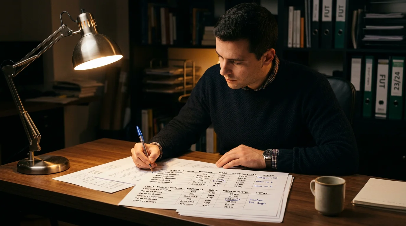 Analista a trabalhar com dados estatísticos de futebol num ambiente profissional, avaliando probabilidades e margens de casas de apostas