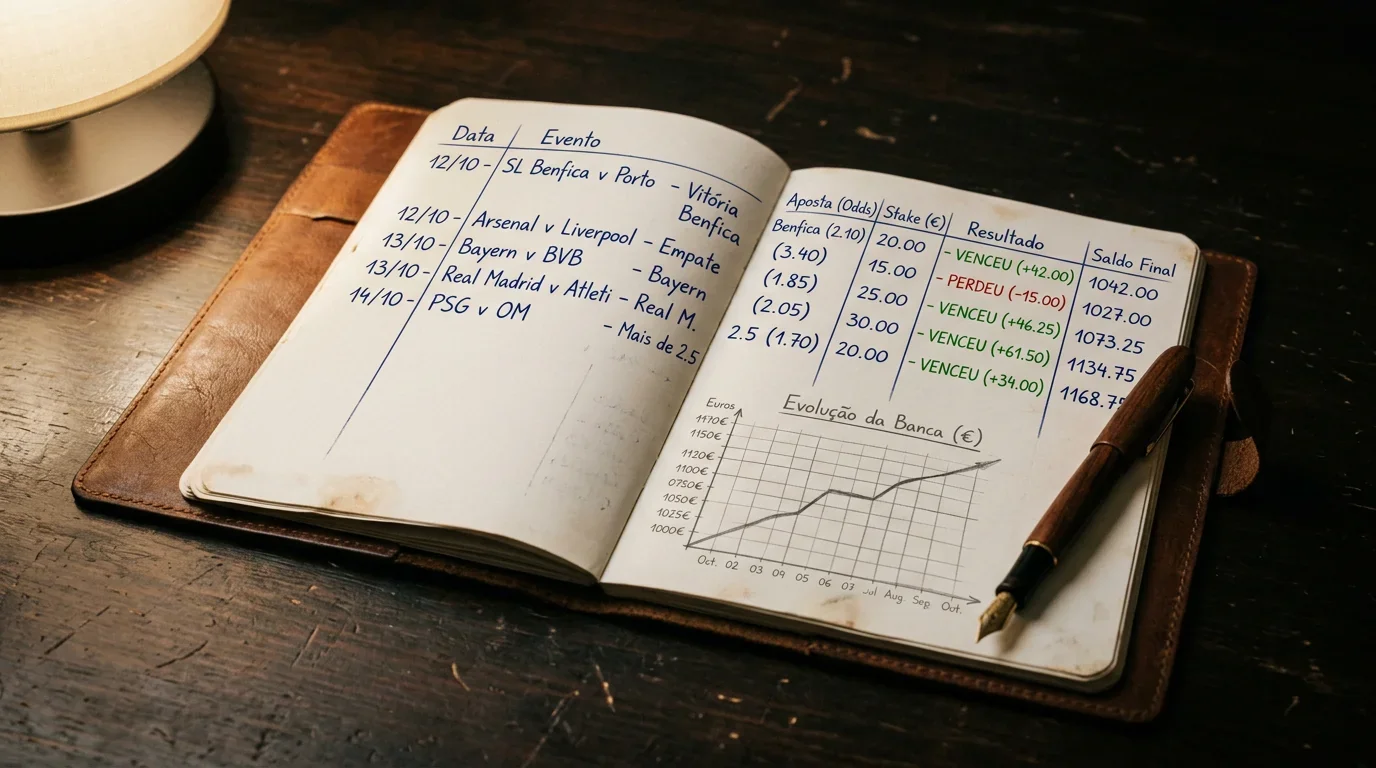 Bloco de notas com registos de apostas desportivas e gráfico de evolução da banca ao longo do tempo, representando disciplina na gestão de bankroll