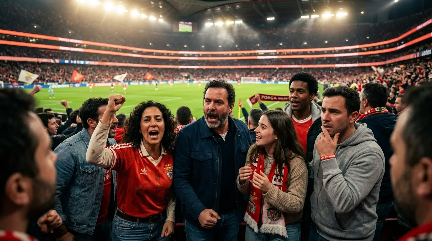 Grupo diverso de adeptos de futebol portugueses a assistir a um jogo num estádio, representando o perfil demográfico dos apostadores online em Portugal